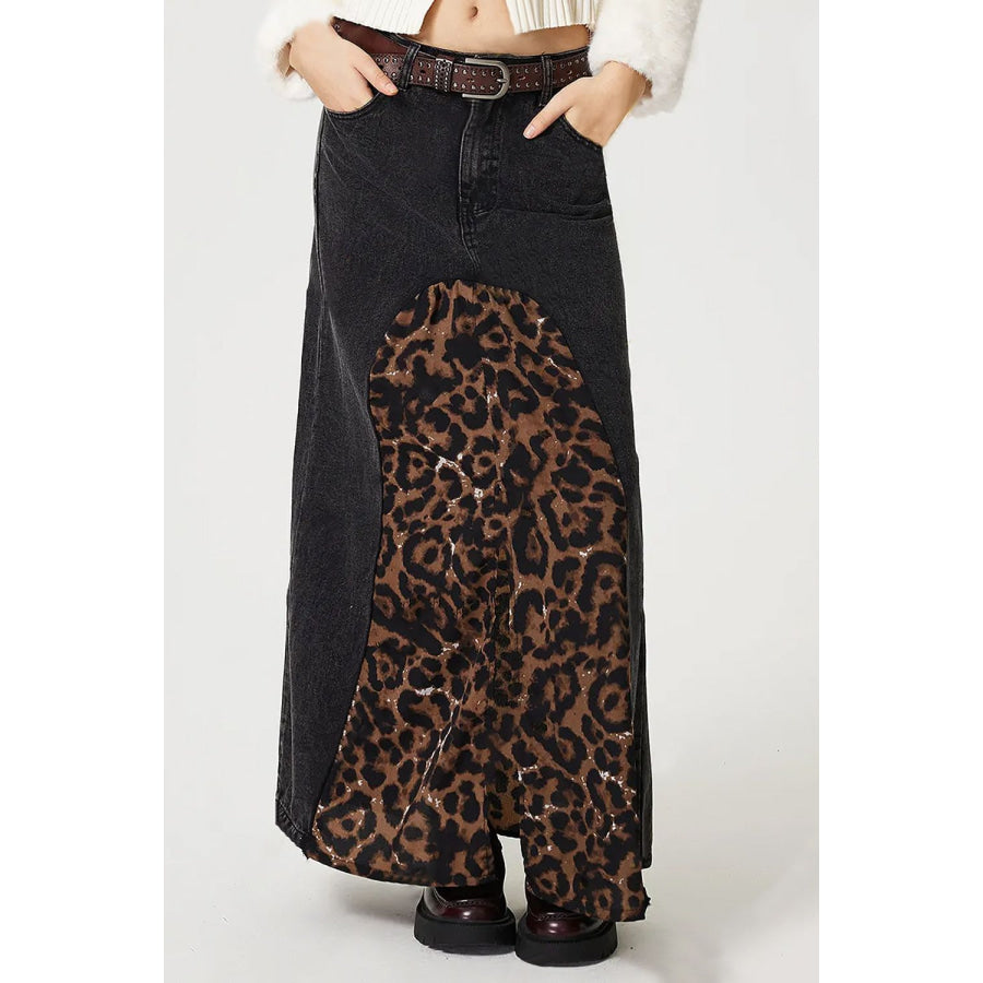 Slit Leopard Midi Denim Skirt Apparel and Accessories