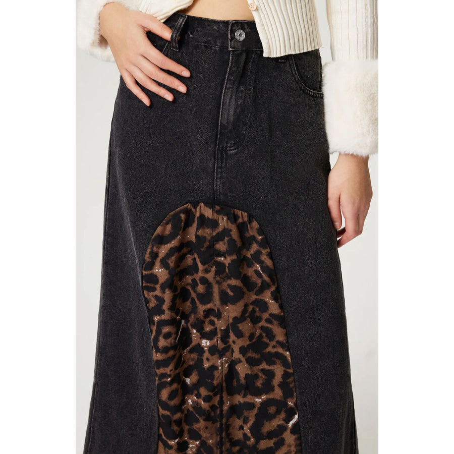 Slit Leopard Midi Denim Skirt Apparel and Accessories