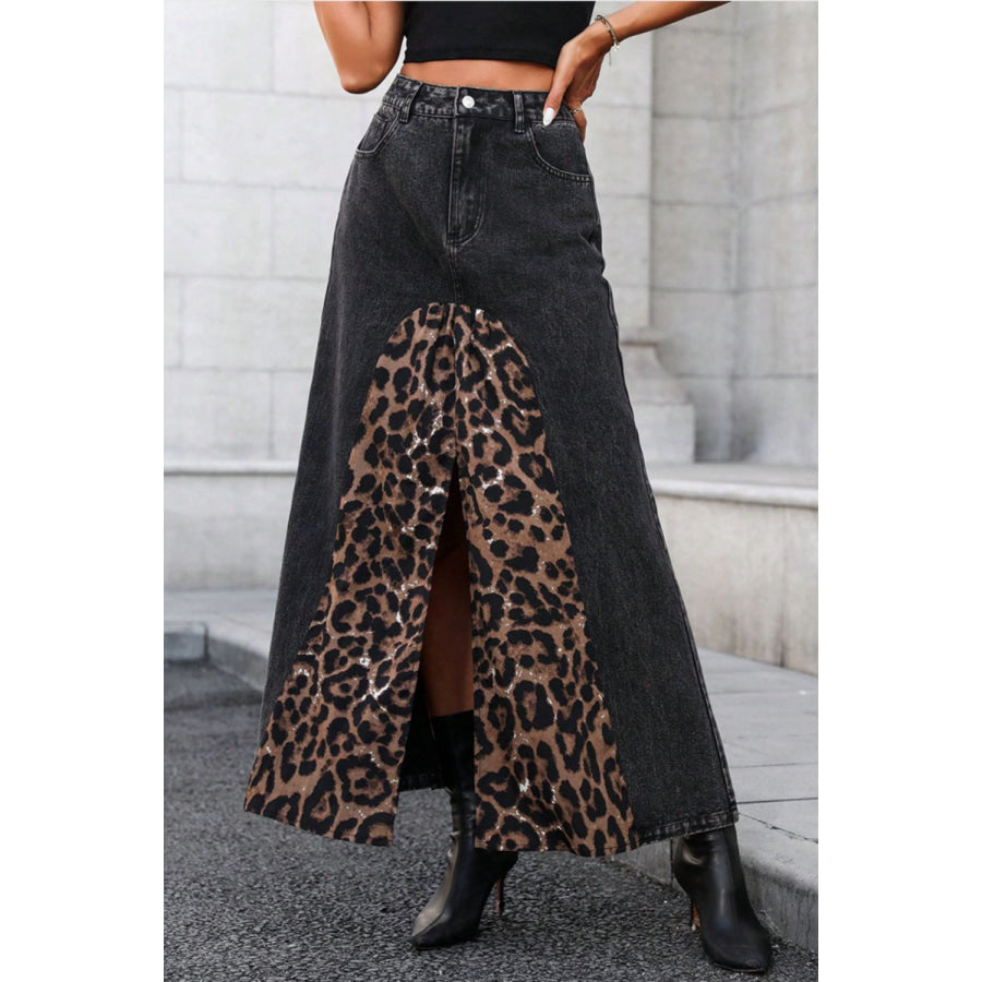 Slit Leopard Midi Denim Skirt Black / XS Apparel and Accessories