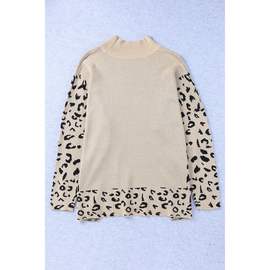 Slit Leopard Mock Neck Dropped Shoulder Sweater Apparel and Accessories