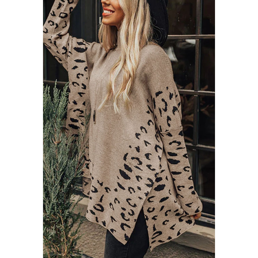 Slit Leopard Mock Neck Dropped Shoulder Sweater Apparel and Accessories