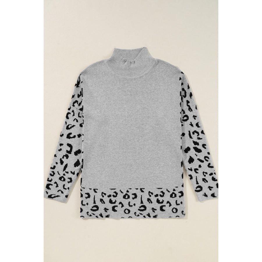 Slit Leopard Mock Neck Dropped Shoulder Sweater Apparel and Accessories