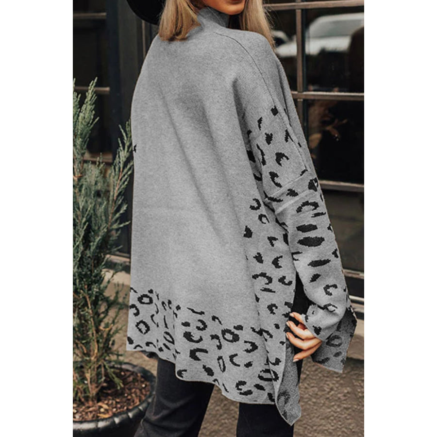 Slit Leopard Mock Neck Dropped Shoulder Sweater Apparel and Accessories