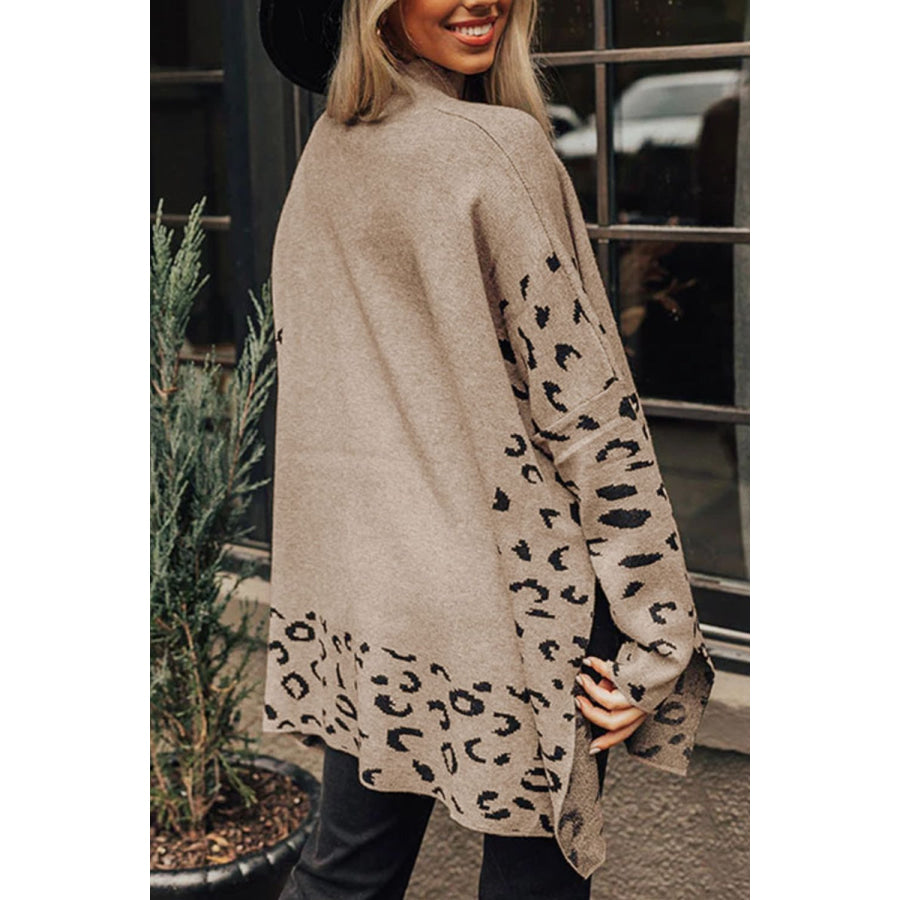 Slit Leopard Mock Neck Dropped Shoulder Sweater Apparel and Accessories