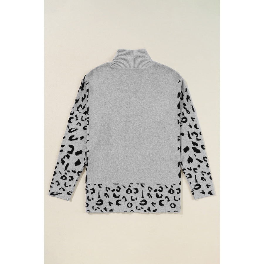 Slit Leopard Mock Neck Dropped Shoulder Sweater Apparel and Accessories