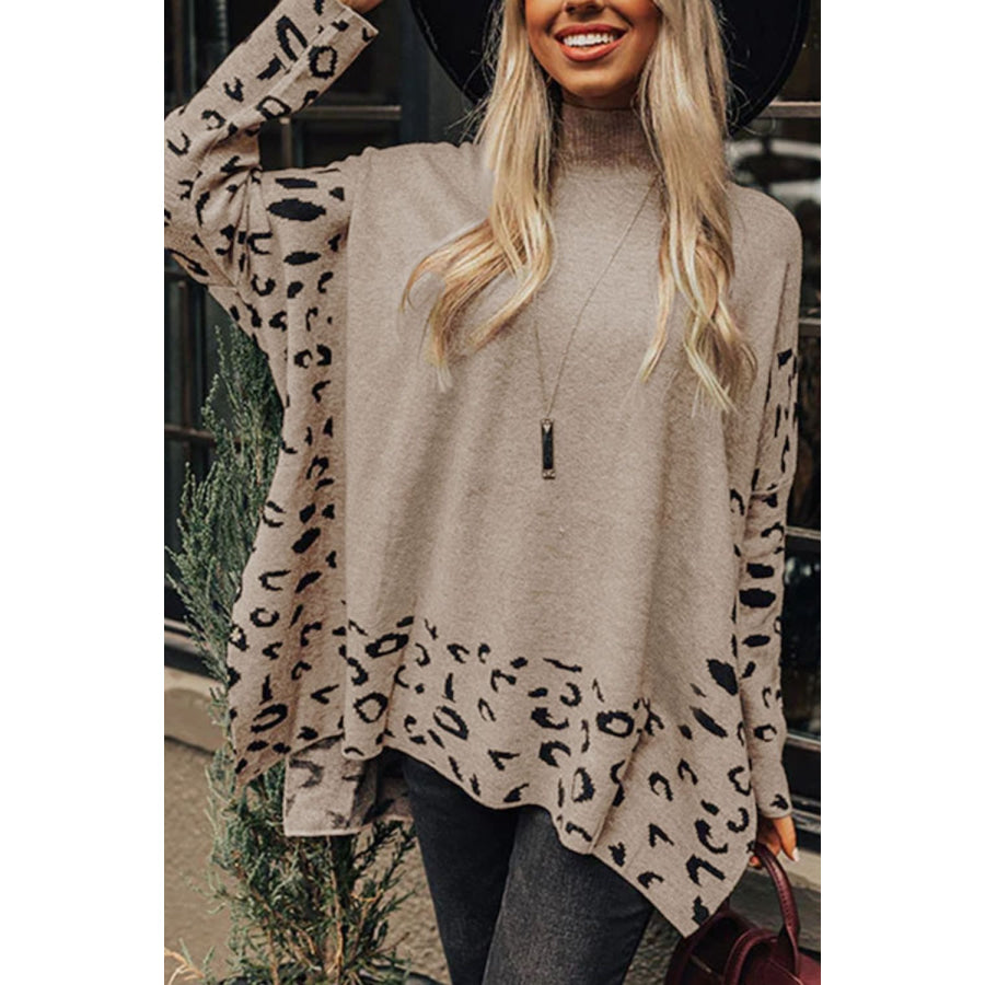 Slit Leopard Mock Neck Dropped Shoulder Sweater Apparel and Accessories