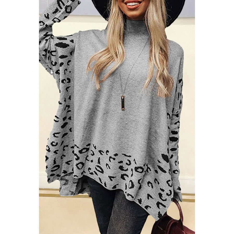 Slit Leopard Mock Neck Dropped Shoulder Sweater Gray / S Apparel and Accessories