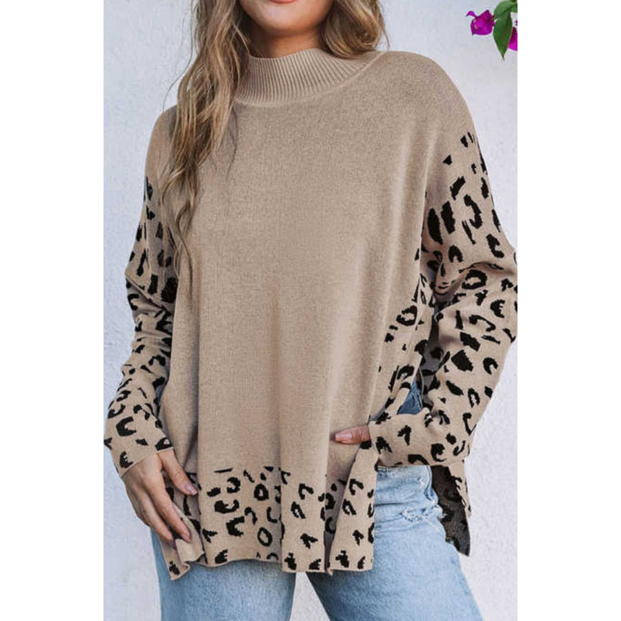 Slit Leopard Mock Neck Dropped Shoulder Sweater Khaki / S Apparel and Accessories