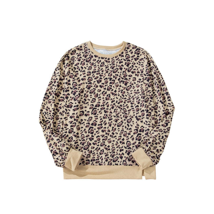 Slit Leopard Round Neck Long Sleeve Sweatshirt Apparel and Accessories