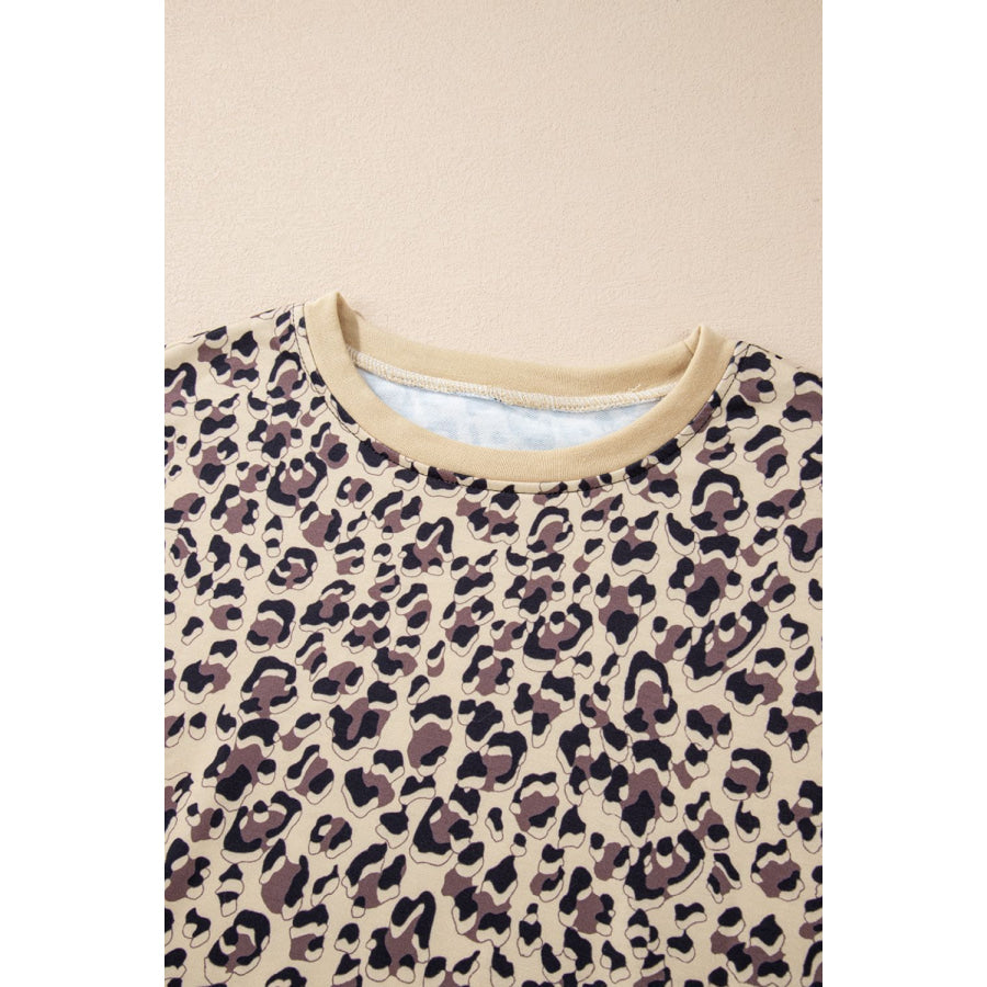 Slit Leopard Round Neck Long Sleeve Sweatshirt Apparel and Accessories