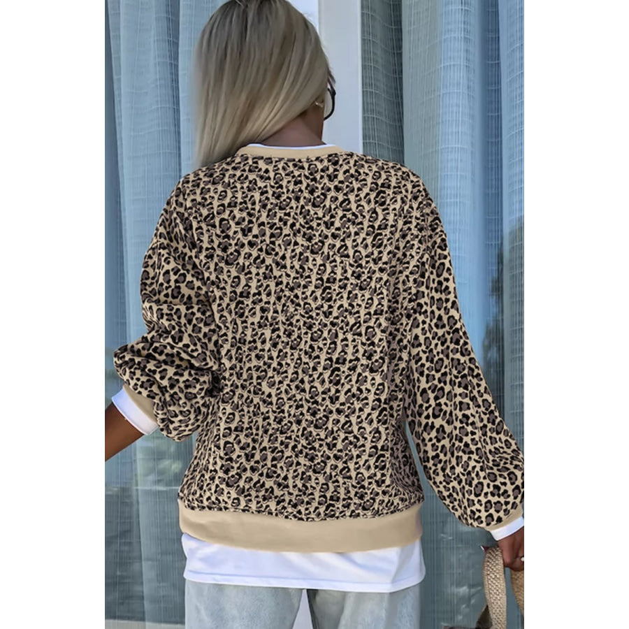 Slit Leopard Round Neck Long Sleeve Sweatshirt Apparel and Accessories