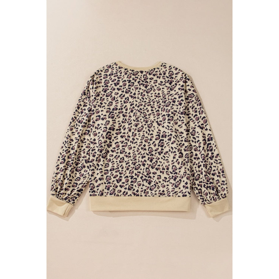 Slit Leopard Round Neck Long Sleeve Sweatshirt Apparel and Accessories