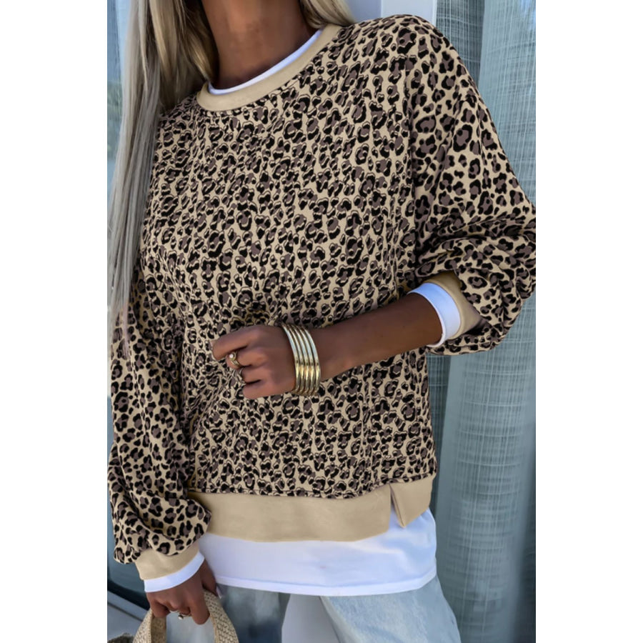 Slit Leopard Round Neck Long Sleeve Sweatshirt Camel / S Apparel and Accessories