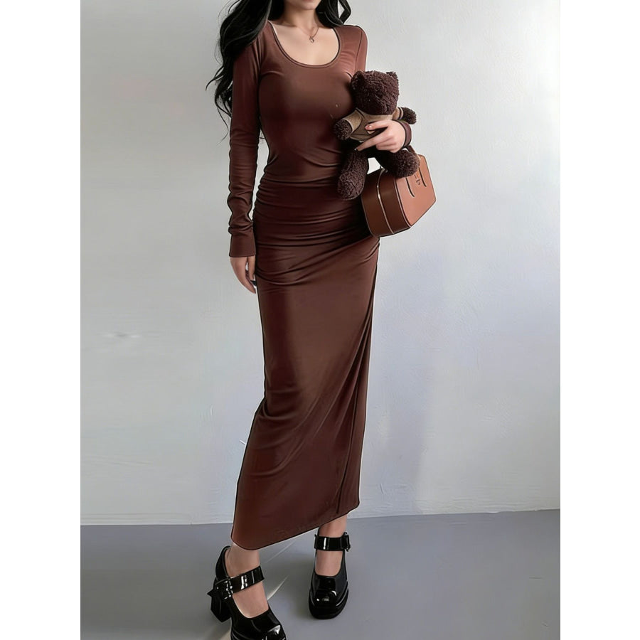 Slit Long Sleeve Bodycon Maxi Dress Brown / M Apparel and Accessories