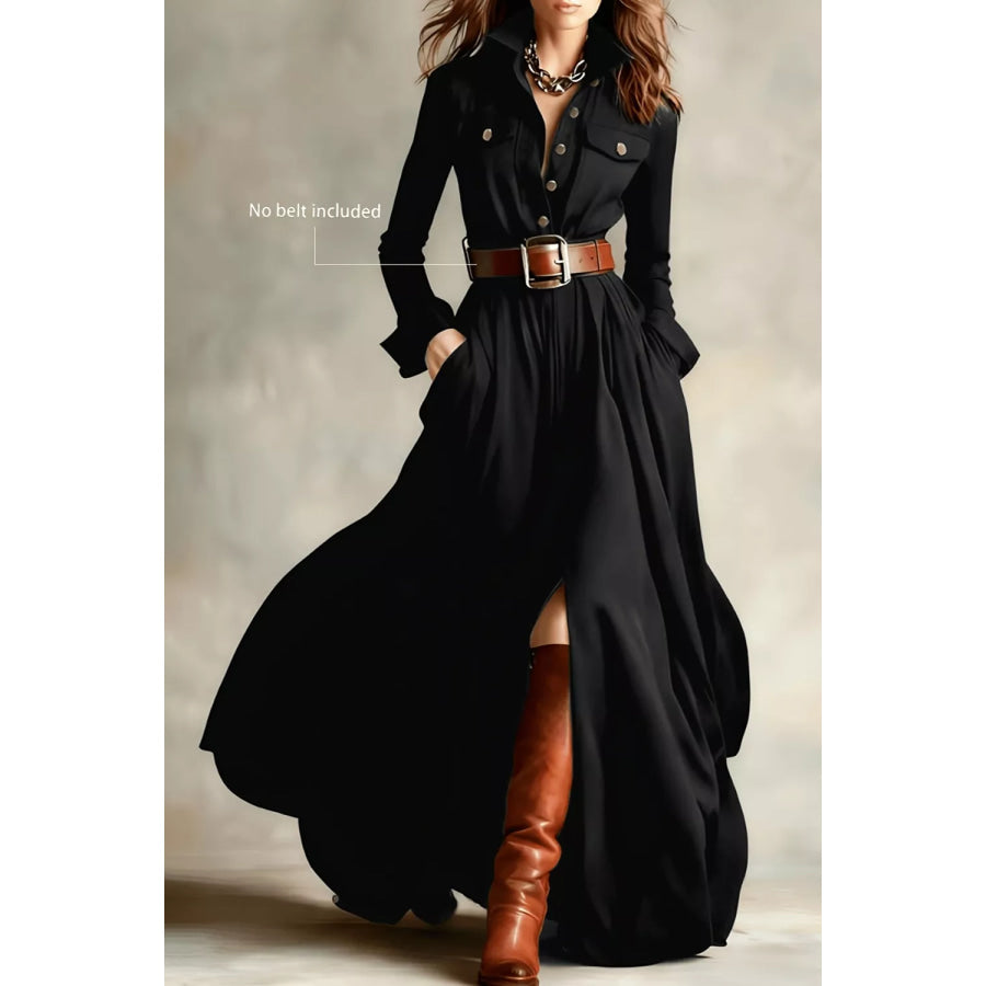 Slit Long Sleeve Maxi Shirt Dress Apparel and Accessories
