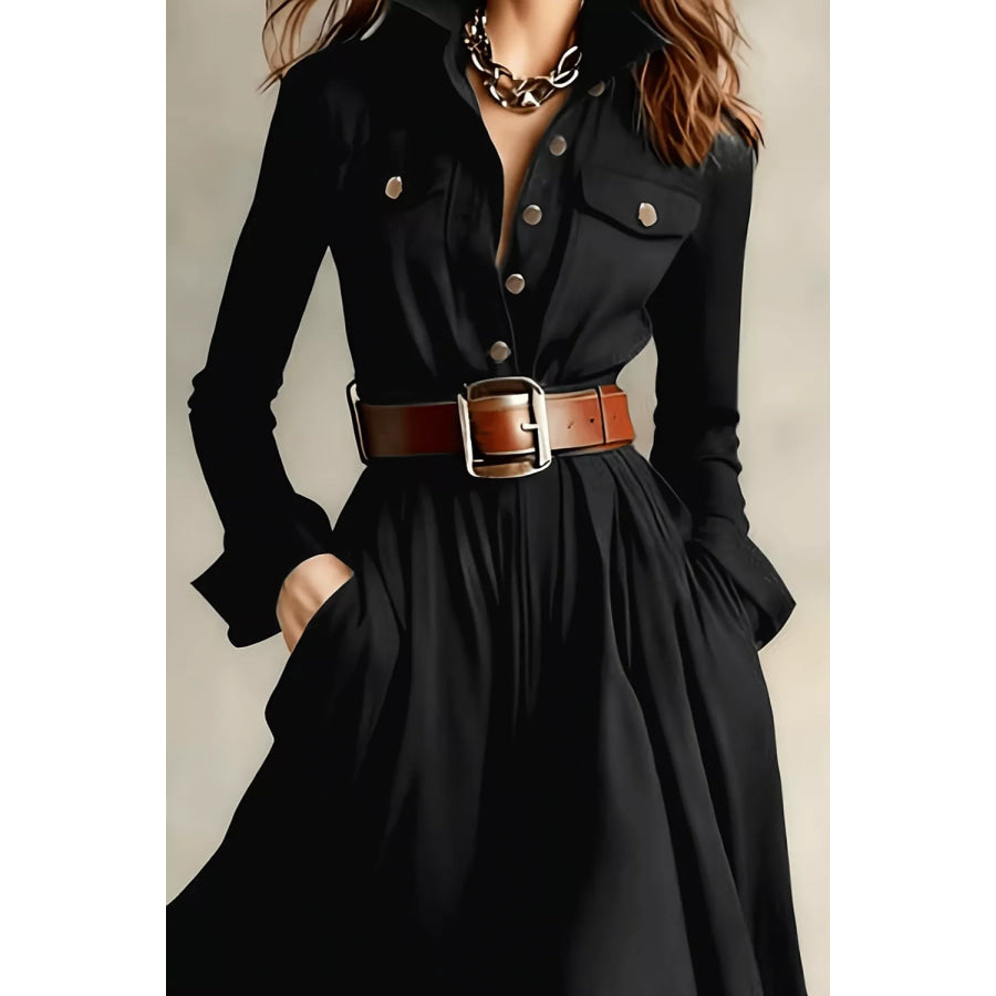 Slit Long Sleeve Maxi Shirt Dress Black / S Apparel and Accessories