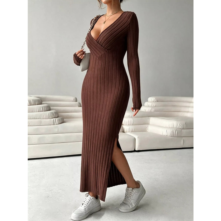 Slit Long Sleeve Ribbed Knit Maxi Dress Apparel and Accessories