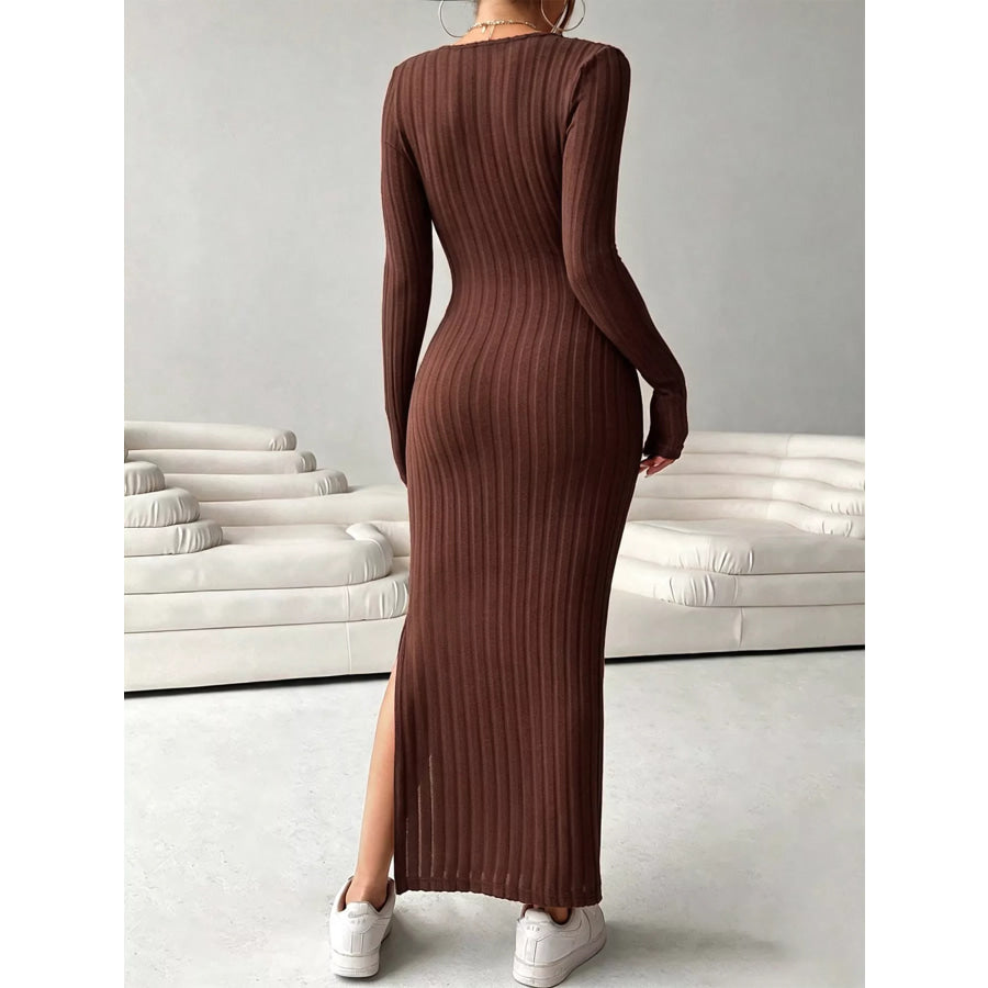 Slit Long Sleeve Ribbed Knit Maxi Dress Apparel and Accessories
