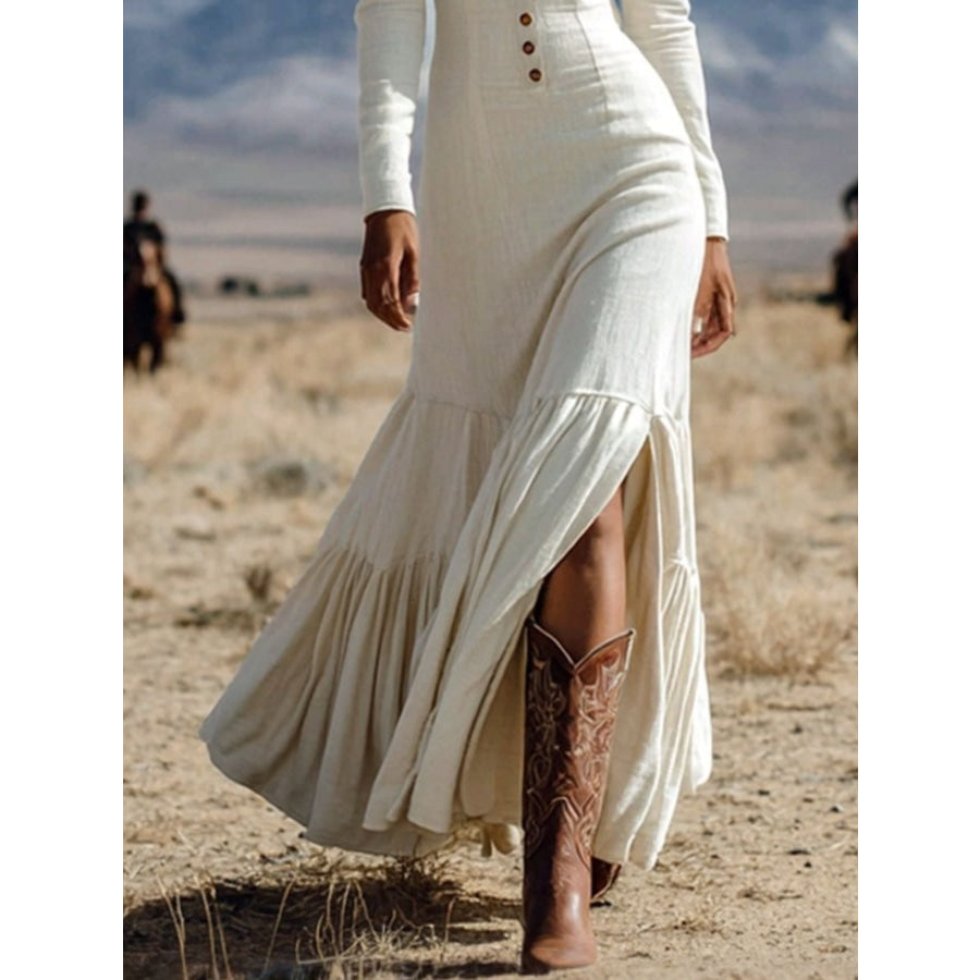 Slit Long Sleeve Tiered Maxi Dress Apparel and Accessories