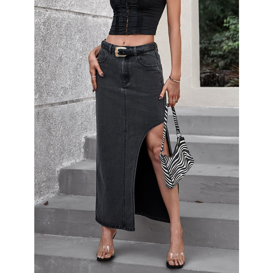 Slit Midi Denim Skirt with Pockets Apparel and Accessories