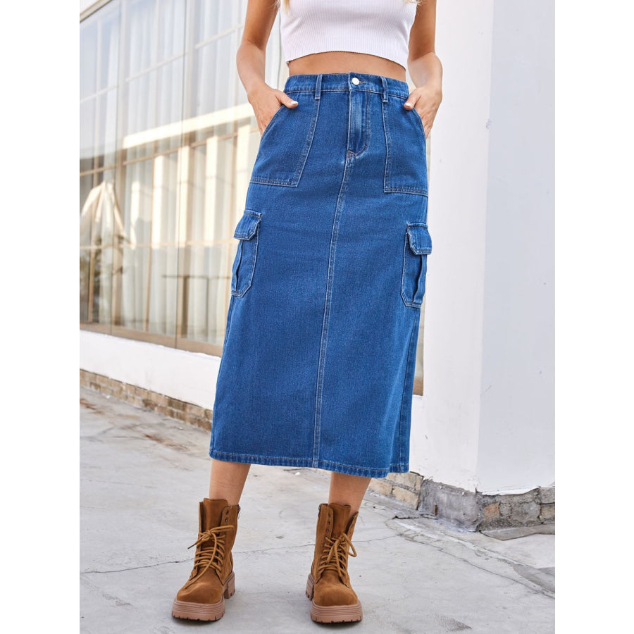 Slit Midi Denim Skirt with Pockets Apparel and Accessories