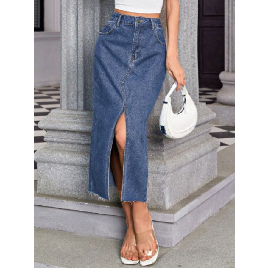 Slit Midi Denim Skirt with Pockets Apparel and Accessories