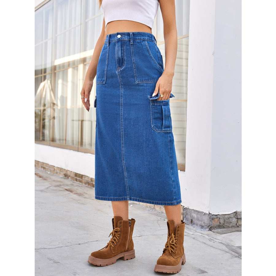 Slit Midi Denim Skirt with Pockets Apparel and Accessories