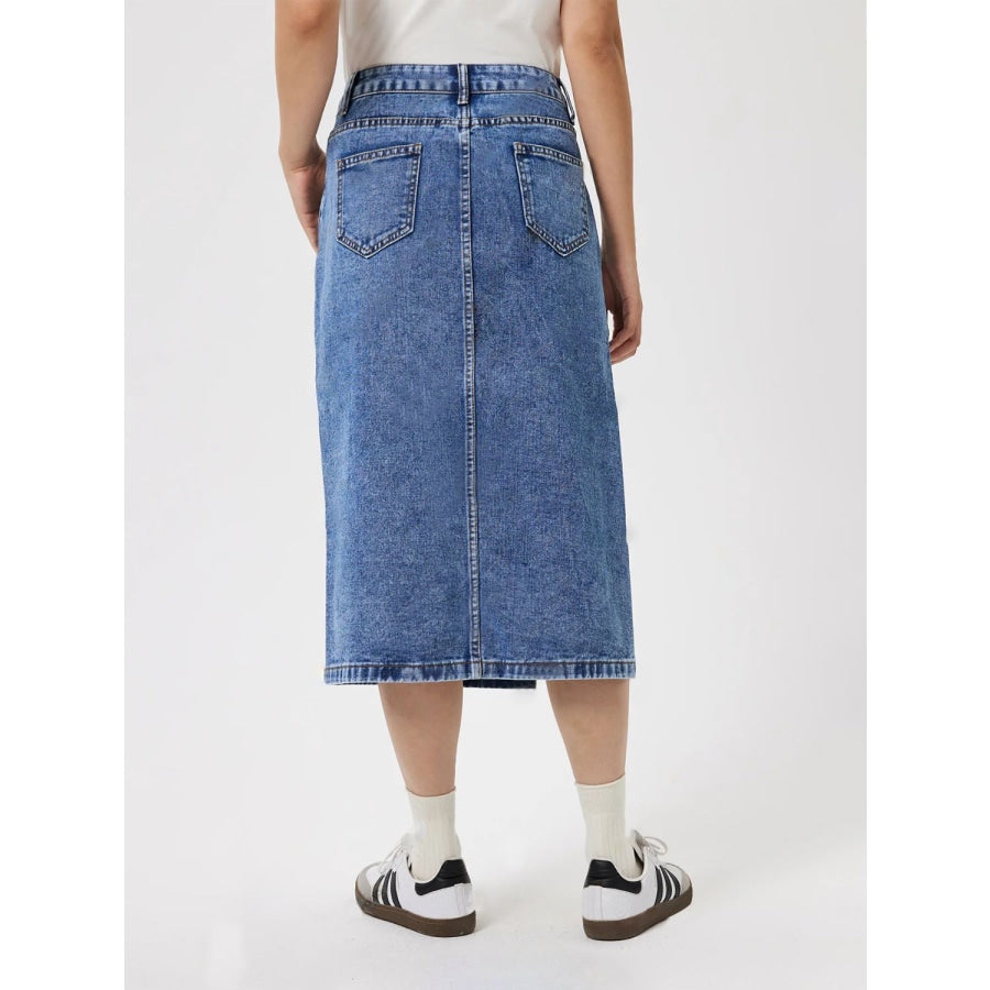 Slit Midi Denim Skirt with Pockets Apparel and Accessories