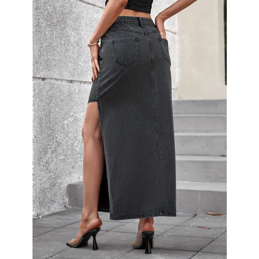 Slit Midi Denim Skirt with Pockets Apparel and Accessories