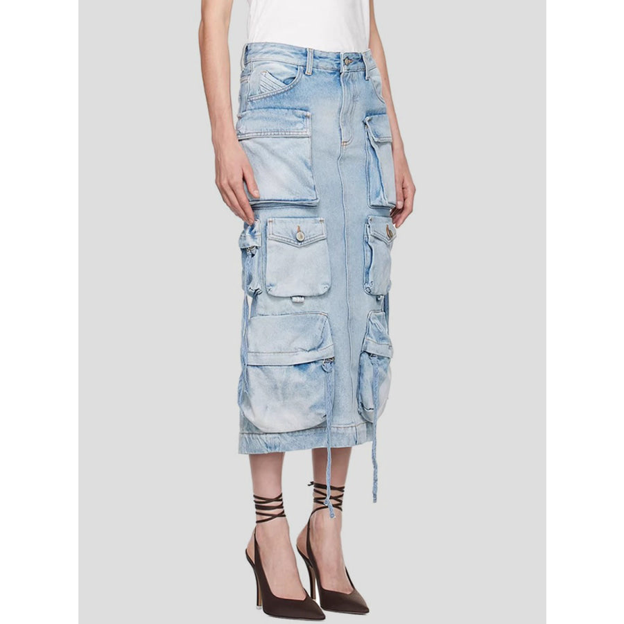 Slit Midi Denim Skirt with Pockets Apparel and Accessories