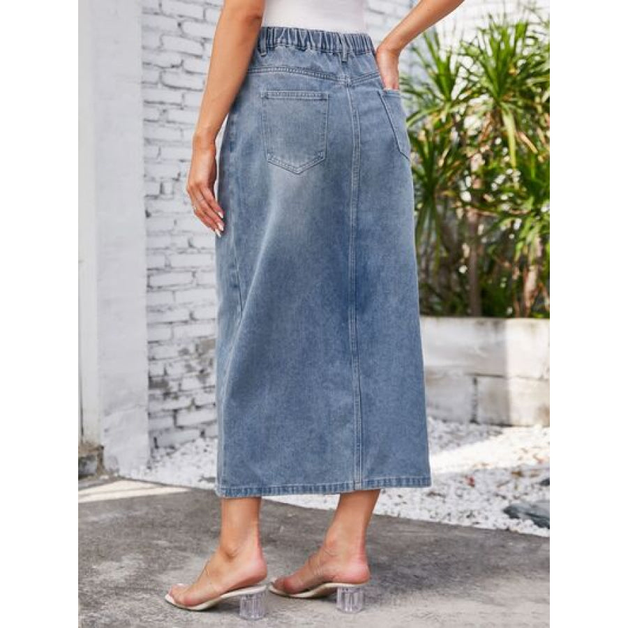 Slit Midi Denim Skirt with Pockets Misty Blue / S Apparel and Accessories