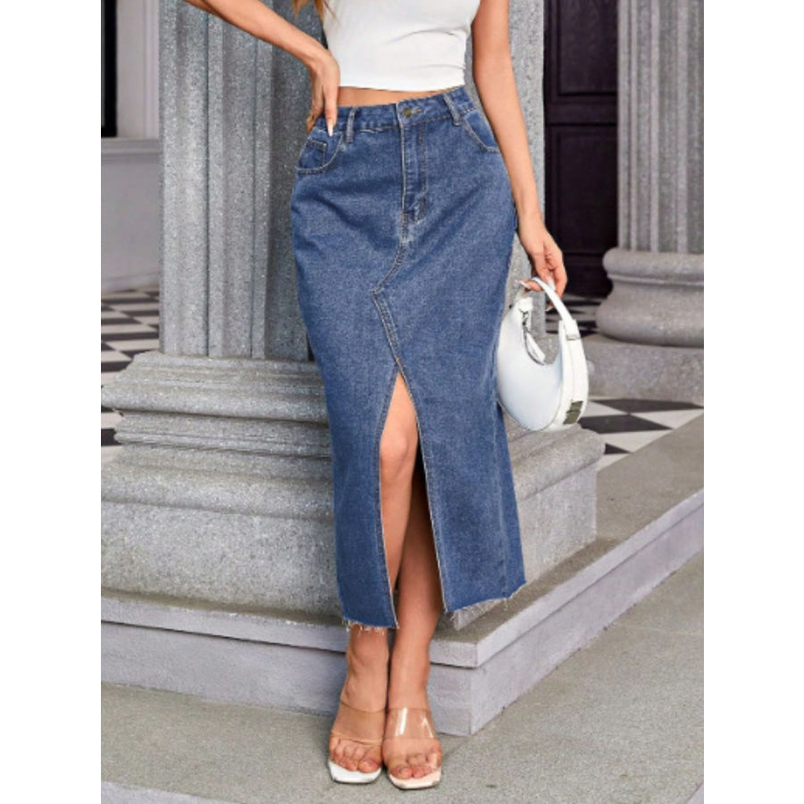 Slit Midi Denim Skirt with Pockets Apparel and Accessories