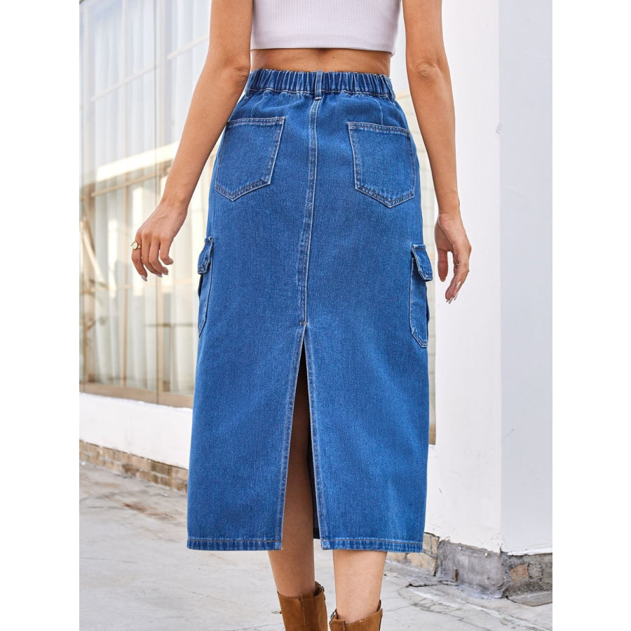 Slit Midi Denim Skirt with Pockets Apparel and Accessories