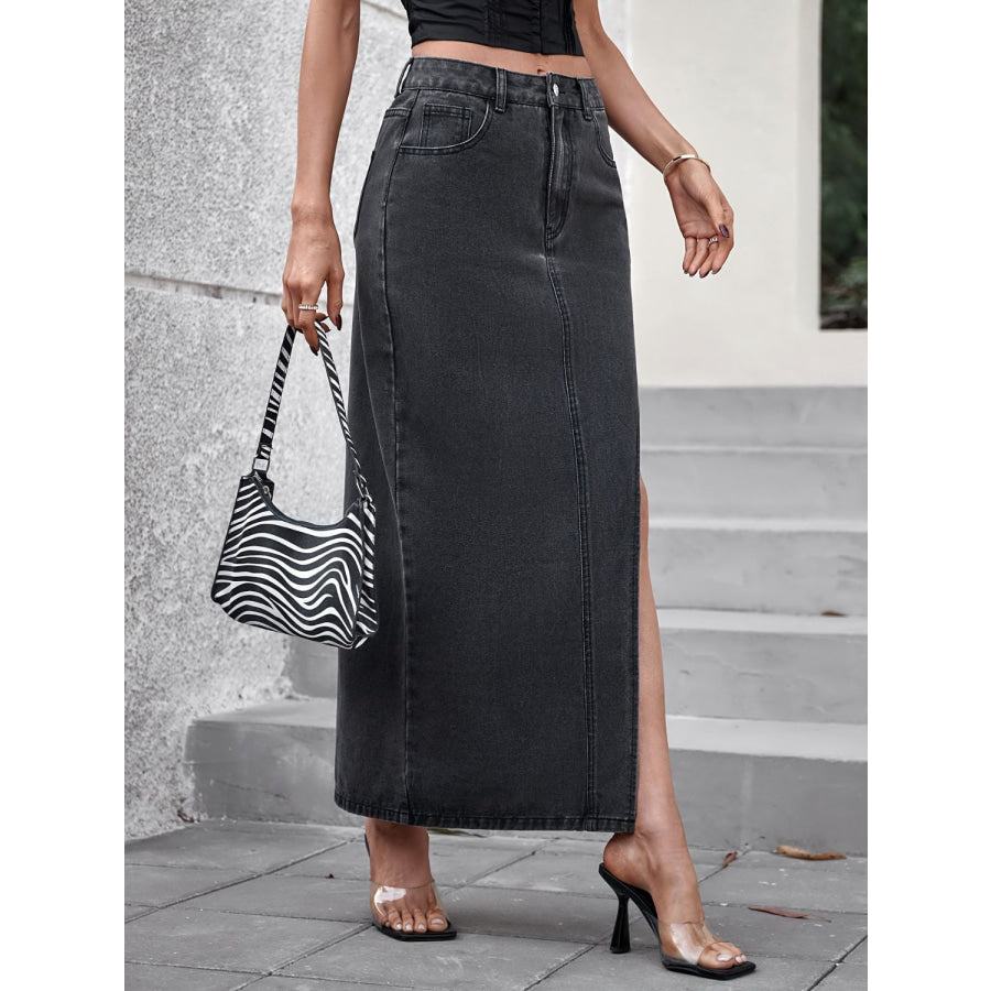 Slit Midi Denim Skirt with Pockets Apparel and Accessories