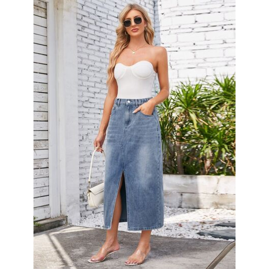 Slit Midi Denim Skirt with Pockets Apparel and Accessories