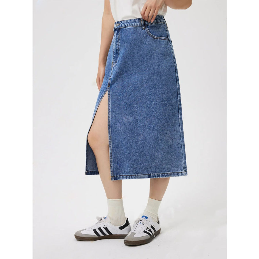 Slit Midi Denim Skirt with Pockets Apparel and Accessories