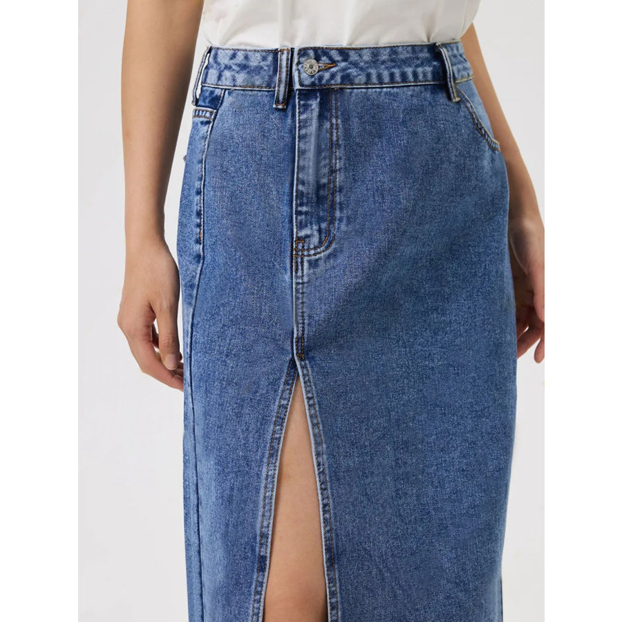 Slit Midi Denim Skirt with Pockets Apparel and Accessories