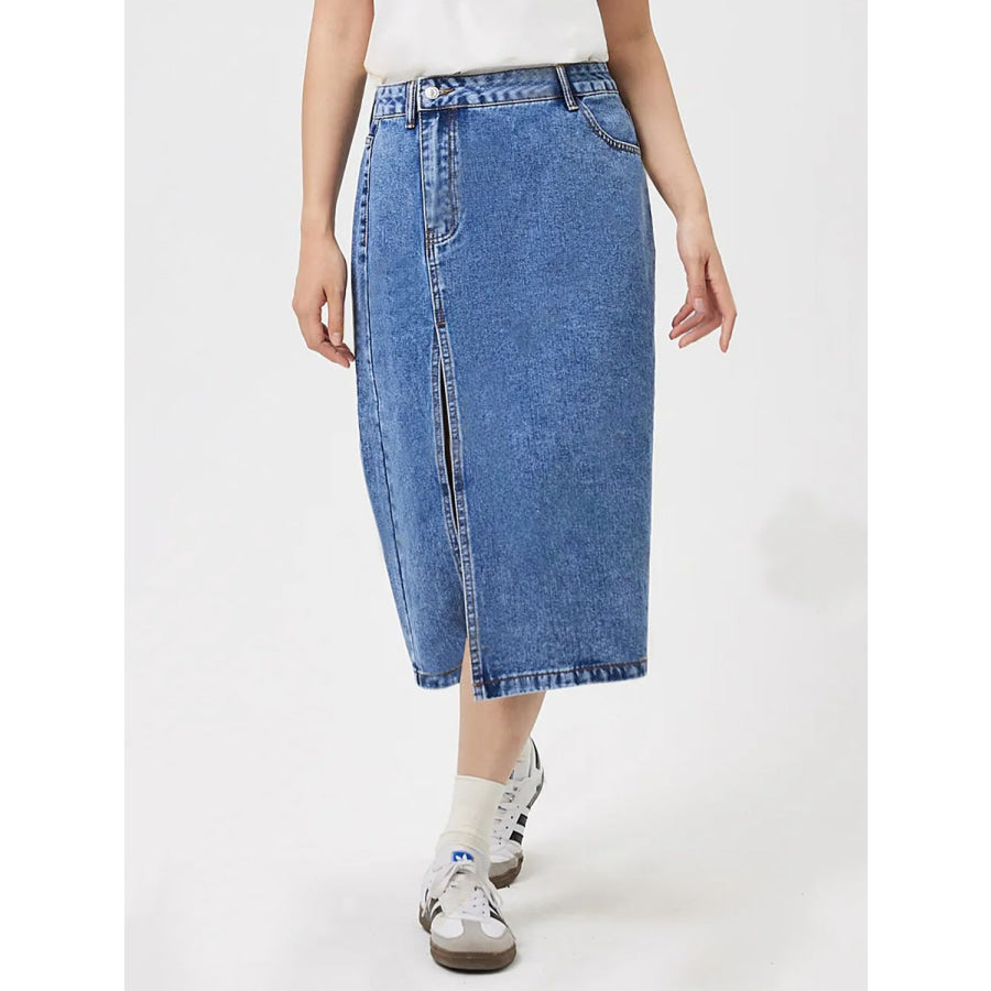 Slit Midi Denim Skirt with Pockets Apparel and Accessories