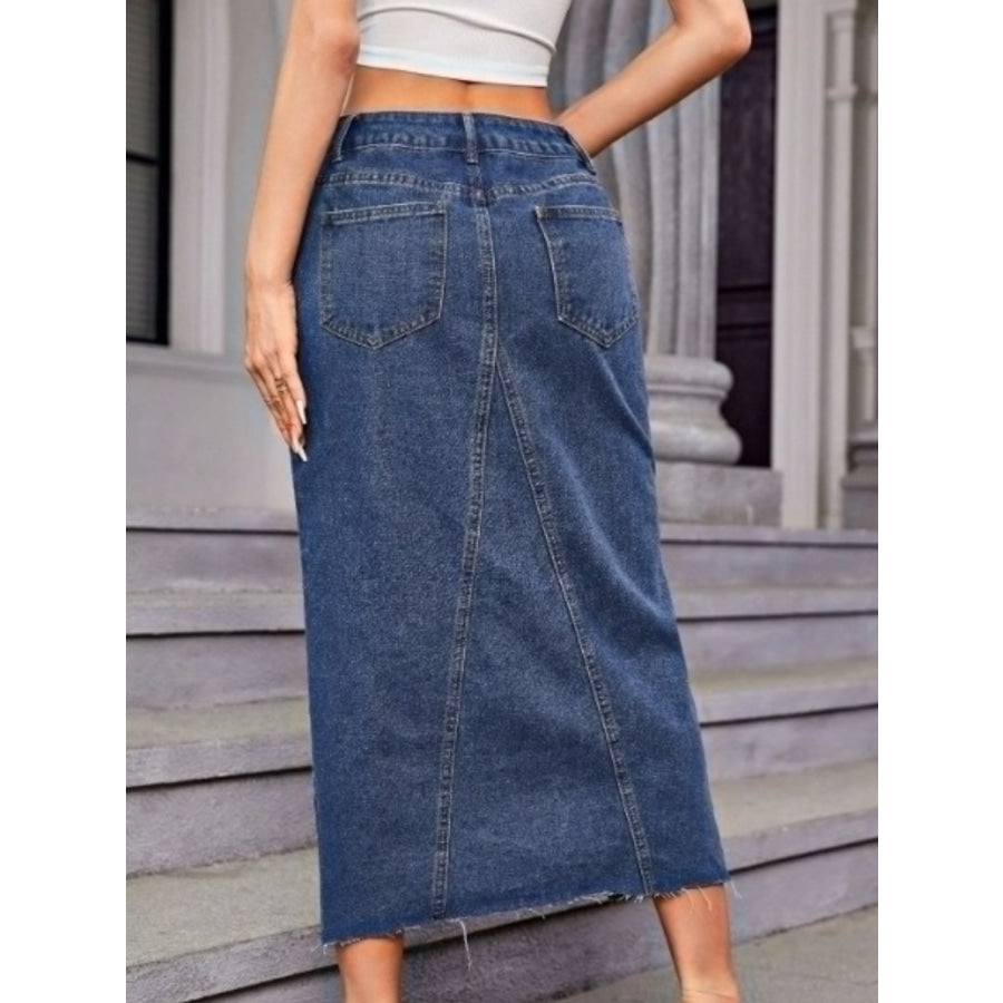 Slit Midi Denim Skirt with Pockets Apparel and Accessories