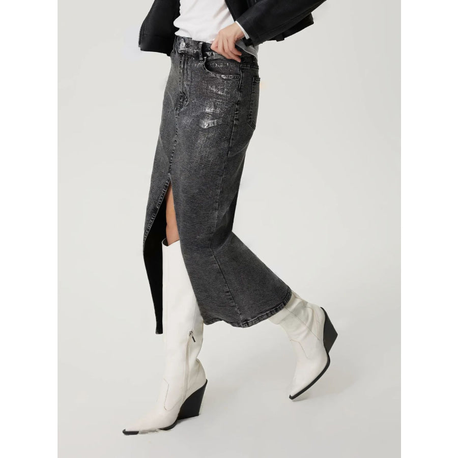 Slit Midi Denim Skirt with Pockets Black / XS Apparel and Accessories