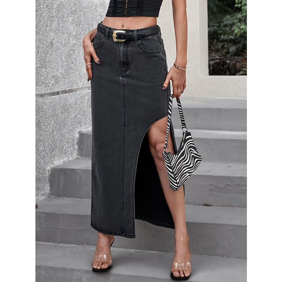 Slit Midi Denim Skirt with Pockets Dark / XS Apparel and Accessories