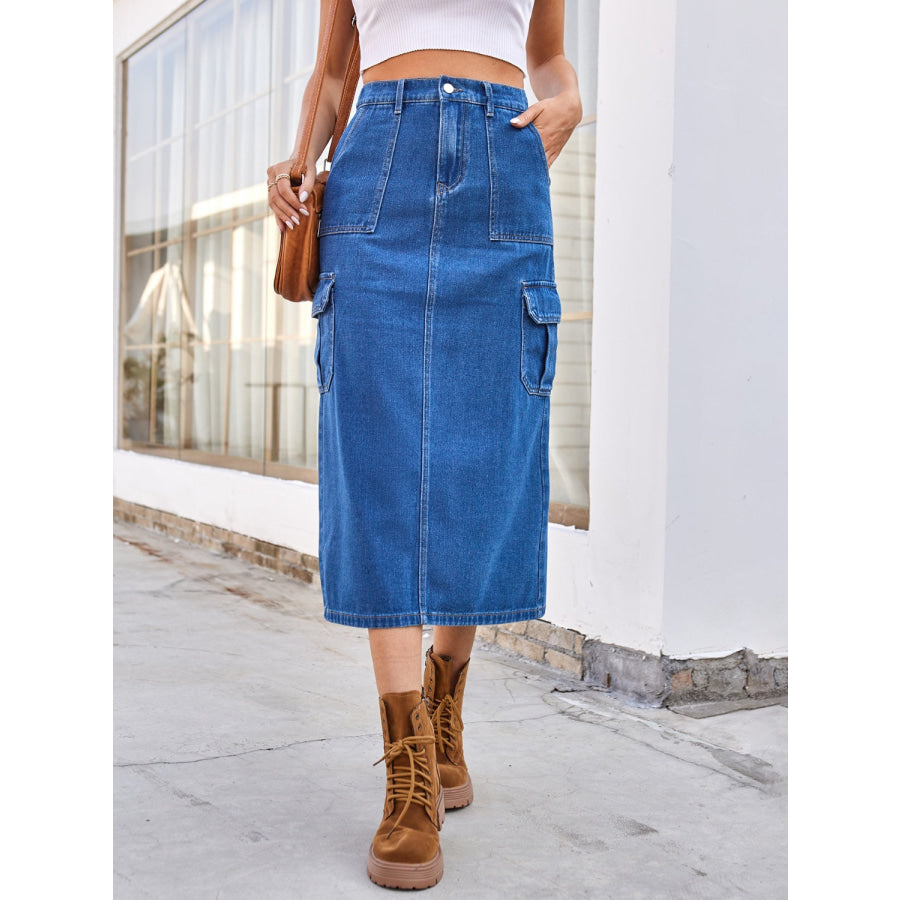 Slit Midi Denim Skirt with Pockets Medium / S Apparel and Accessories