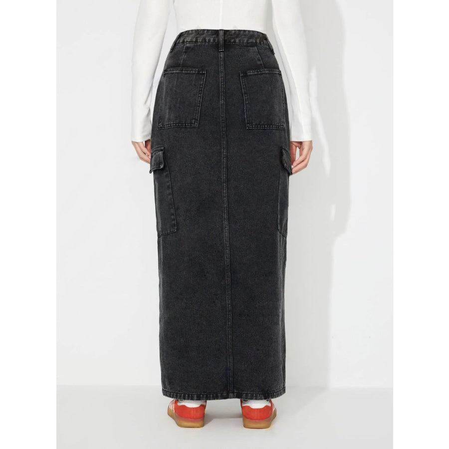 Slit Midi Skirt with Cargo Pockets Black / XS Apparel and Accessories