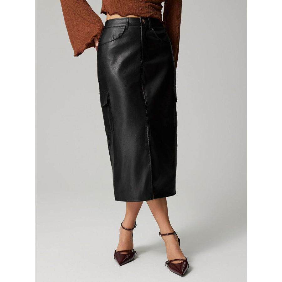 Slit Midi Skirt with Pockets Apparel and Accessories