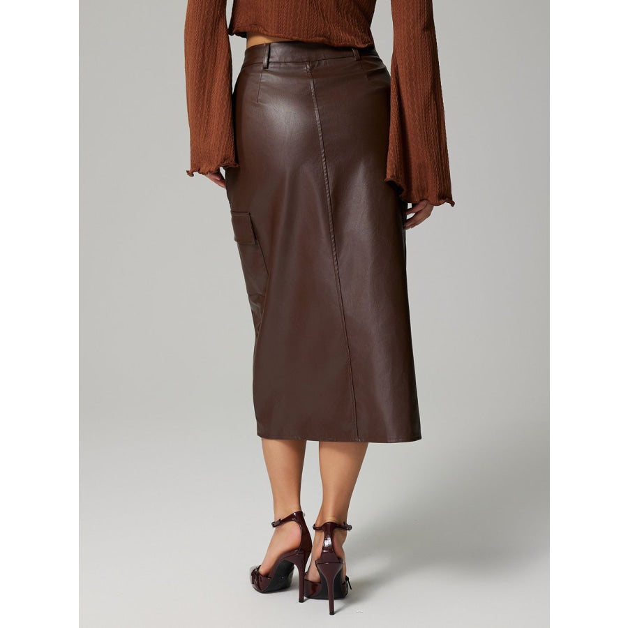 Slit Midi Skirt with Pockets Dark Brown / S Apparel and Accessories