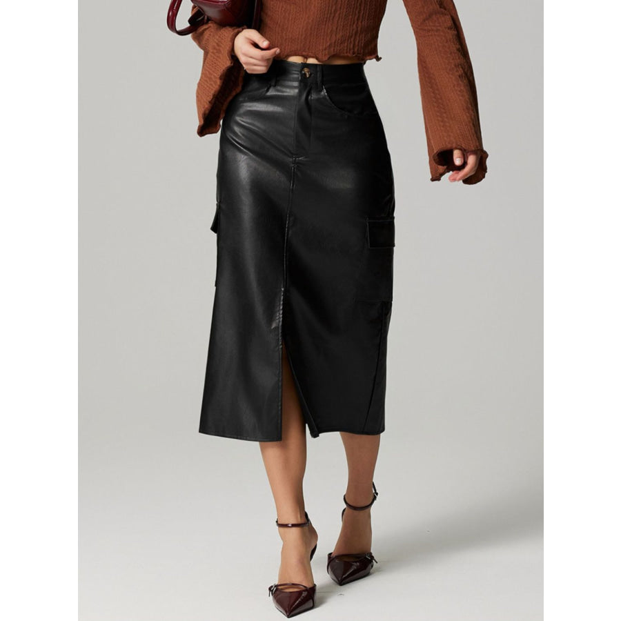 Slit Midi Skirt with Pockets Black / S Apparel and Accessories