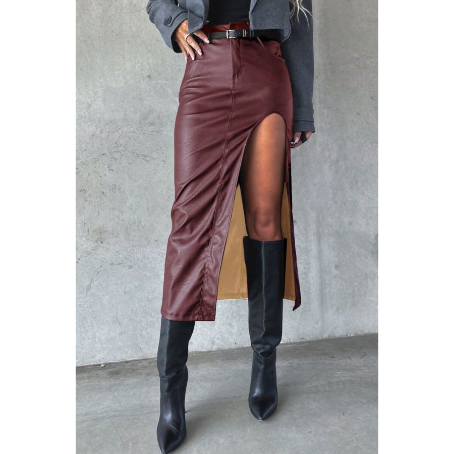 Slit Midi Skirt with Pockets Burgundy / S Apparel and Accessories