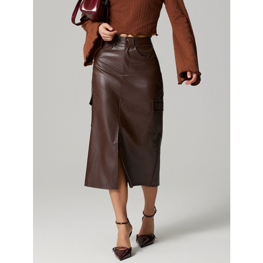 Slit Midi Skirt with Pockets Dark Brown / S Apparel and Accessories