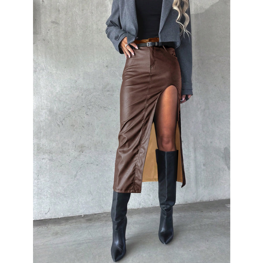 Slit Midi Skirt with Pockets Taupe / S Apparel and Accessories