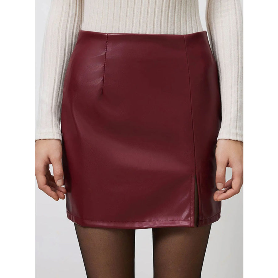 Slit Mini Skirt with Zipper Burgundy / S Apparel and Accessories